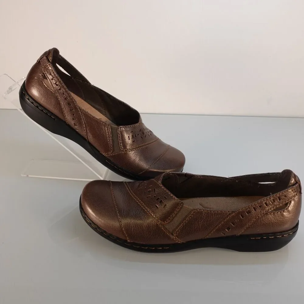 Women's Clarks Evianna Fig Leather Slip on Comfort Shoes Pewter Size 8 Narrow